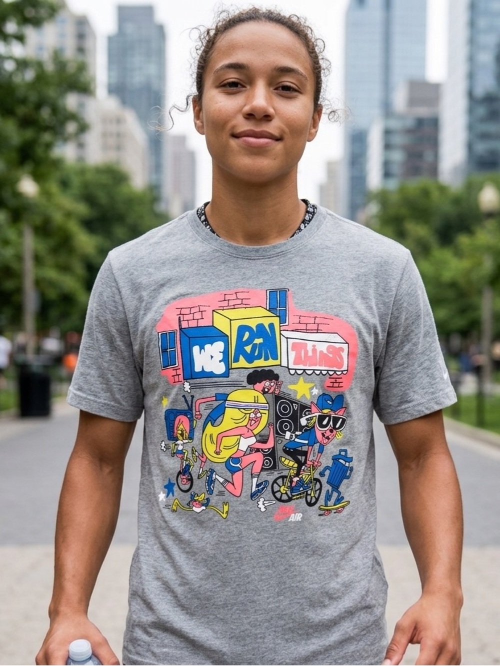 Nike Gray Short-Sleeve Tee with Colorful Cartoon Street Graphic